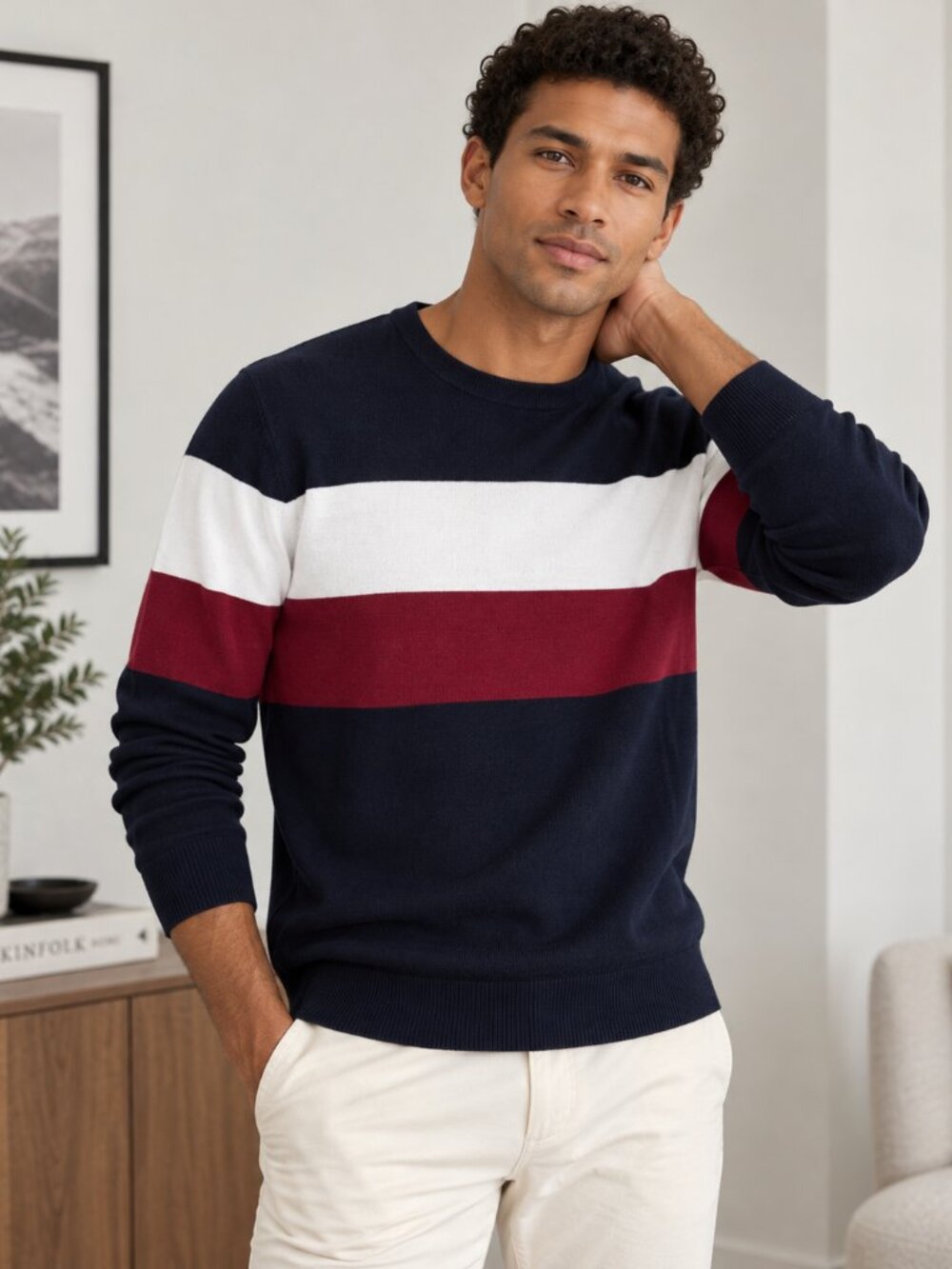 Tommy Hilfiger Men’s Colorblock Crewneck Cotton Sweater Navy Burgundy M